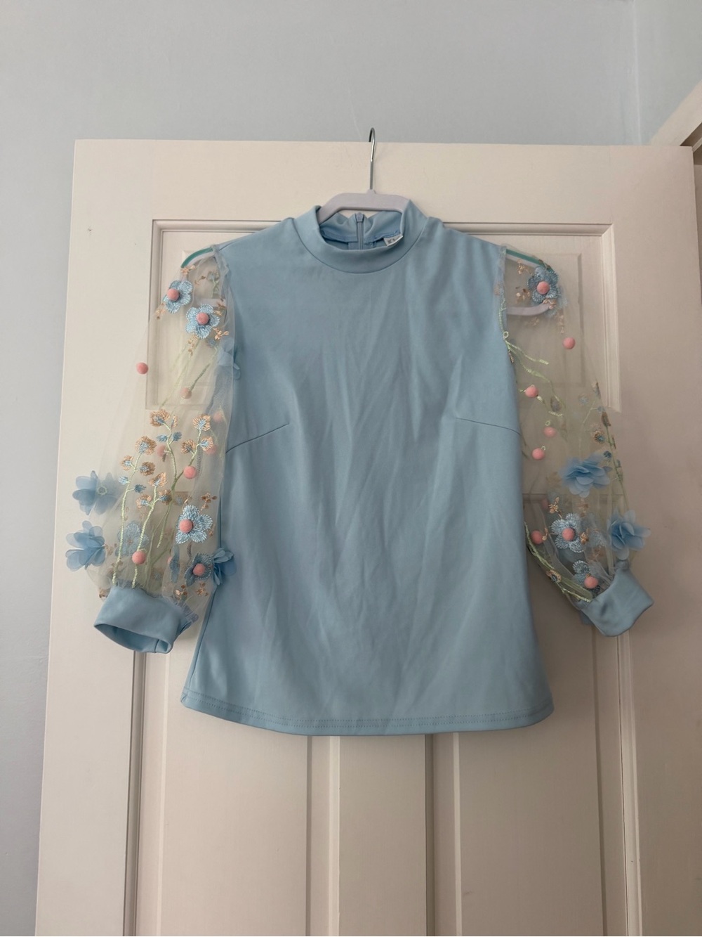 Light Blue Floral Organza Sleeve Mock Neck Top